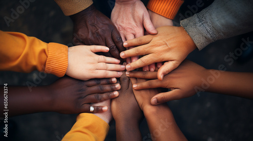 many human hands of different racial backgrounds are folded in a circle 