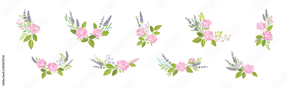 Pink Rose and Lavender Twig Floral Composition Vector Set