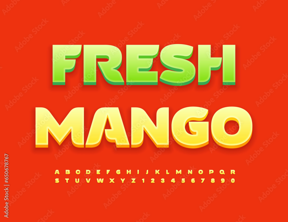 Vector advertising poster Fresh Mango.  Elegant Yellow 3D Font. Creative Alphabet Letters and Numbers set