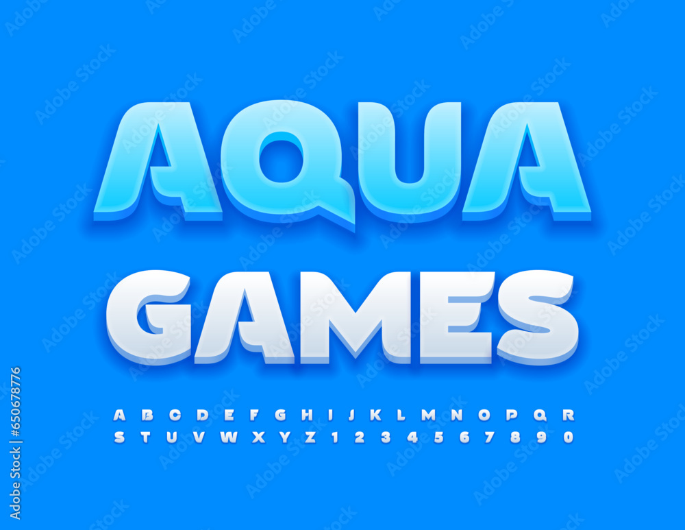 Vector bright template Aqua Games. Creative 3D Font. Trendy white Alphabet Letters and Numbers Vector bright template Aqua Games. Creative 3D Font. Trendy white Alphabet Letters and Numbers