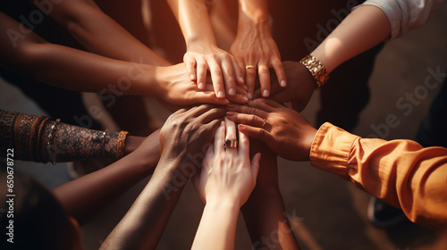 many different racial human hands with open palms folded  on top of each other photo