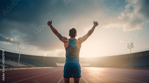 an athlete in an empty stadium with his arms raised and thumbs at sunrise, rear view