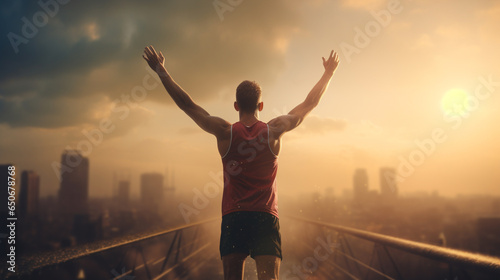 an athlete celebrating victory at the finish line with his arms raised, view from behind