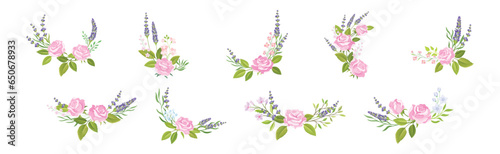 Pink Rose and Lavender Twig Floral Composition Vector Set