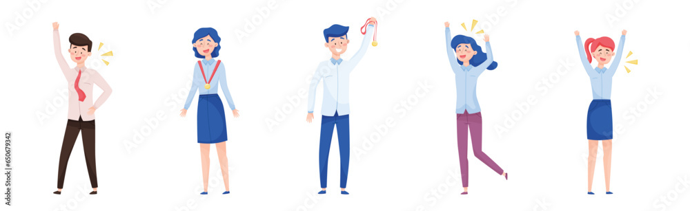 Smiling Man and Woman Office Worker with Golden Medal Enjoying Success and Cheering Vector Set