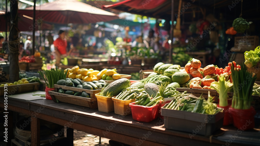 Fototapeta premium market stall with fresh vegetables and fruits, good lighting day