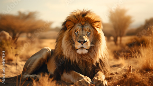 a majestic adult calm male lion lies in the savannah and looks with a proud gaze