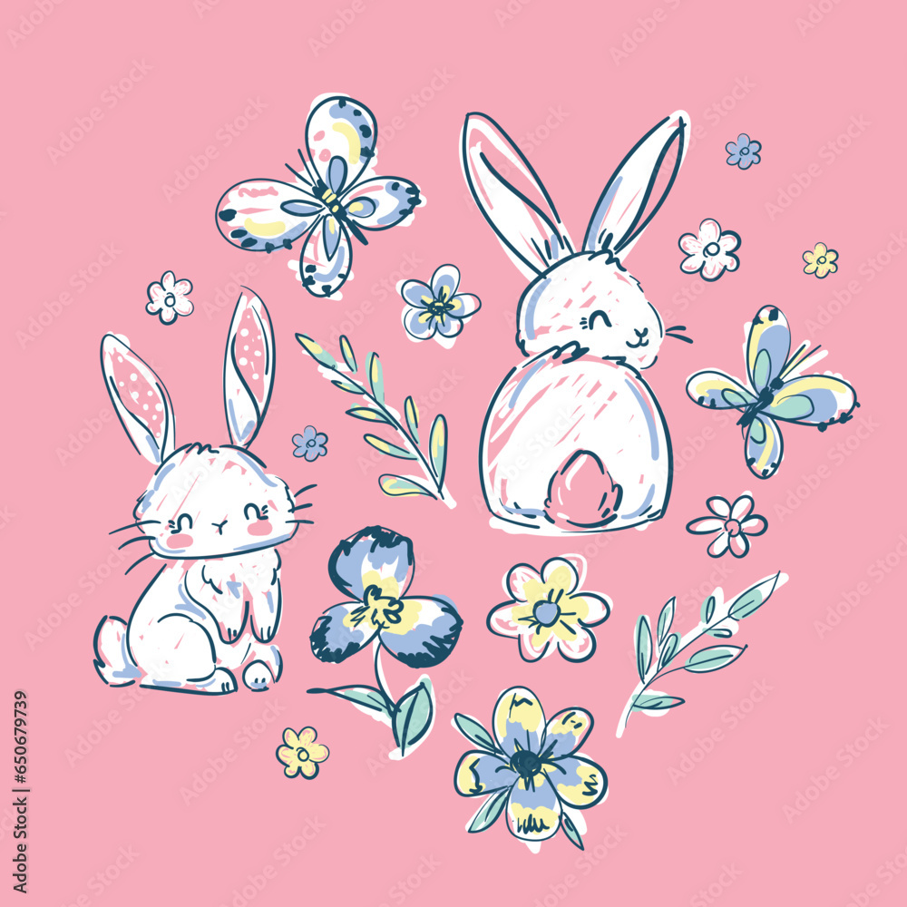 Hand drawn Cute Bunnys and butterfly and flowers on the pink background vector illustration, Print design cute Rabbit, children print on t-shirt. Hand drawn Cute Bunnys and butterfly and flowers on the pink background vector illustration, Print design cute Rabbit, children print on t-shirt.