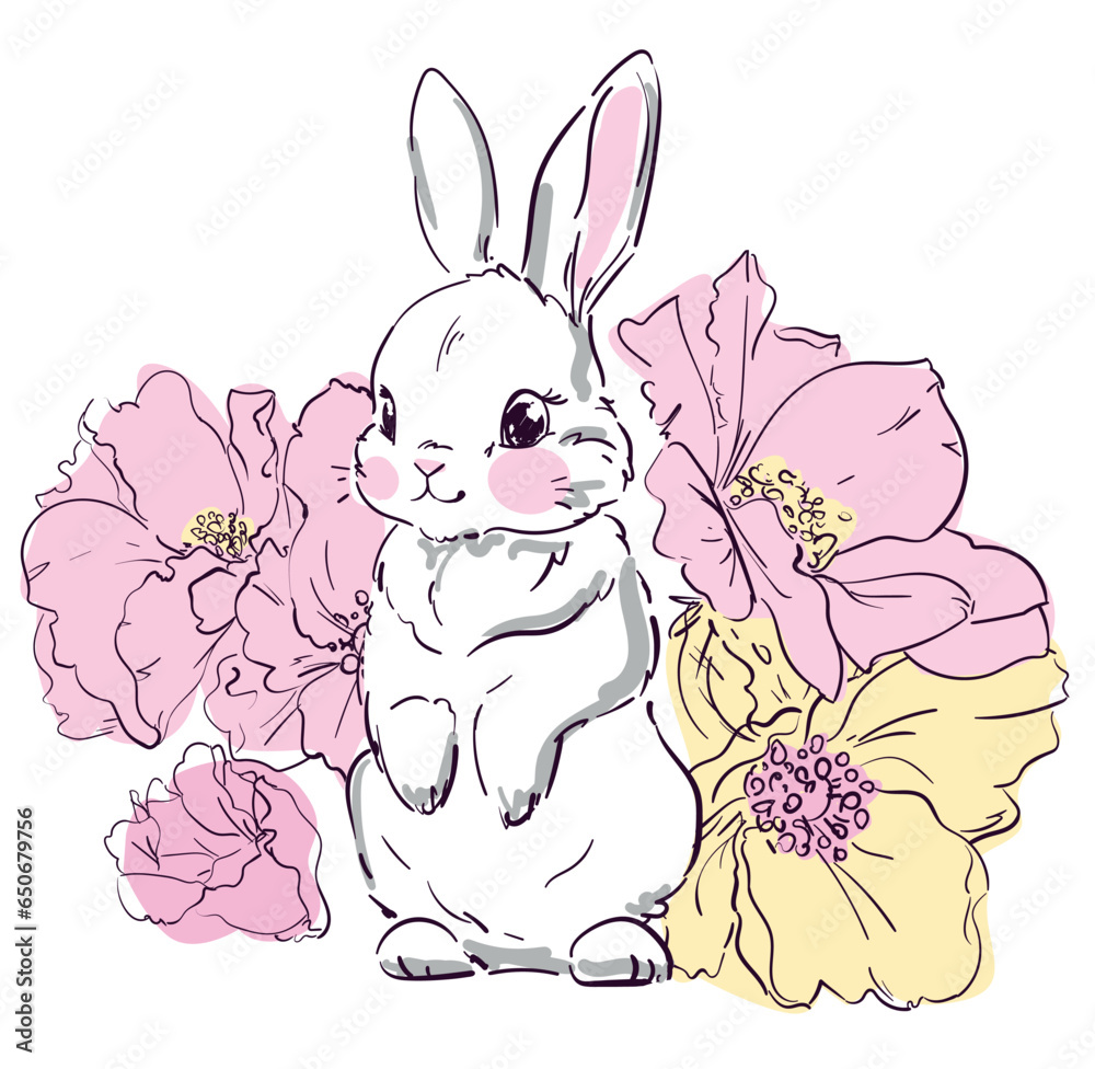 Obraz premium Hand drawn Cute Bunny and flowers vector illustration, Print design rabbit, print on t-shirt.