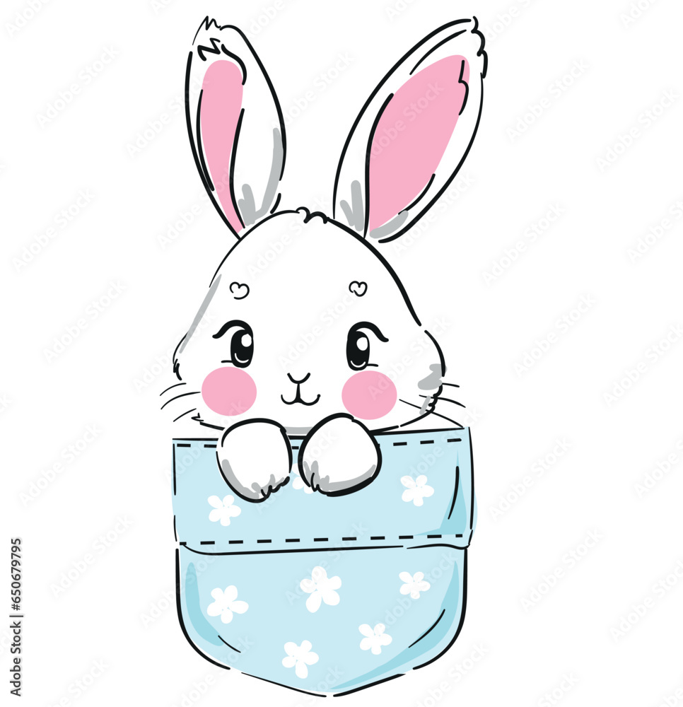 Fototapeta premium Hand Drawn Bunny Animal sitting in a blue pocket vector Sketch, Print Design, children print on t-shirt