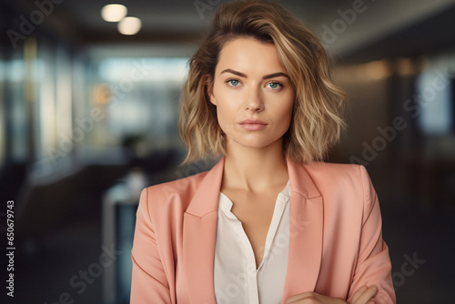 Portrait of confident business woman in trendy apricot colored suit