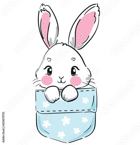 Hand Drawn Bunny Animal sitting in a blue pocket vector Sketch, Print Design, children print on t-shirt