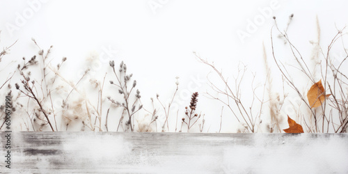 Natural style winter banner with forest elements a distressed white wooden background, copy space © tashechka