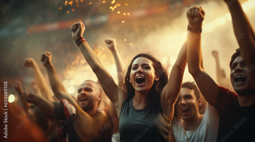 female fan with raised arms shouting with delight among other fans in ...