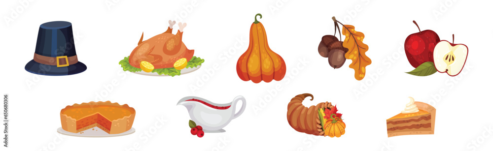 Happy Thanksgiving Objects with Pilgrim Hat, Roasted Turkey, Pumpkin, Acorn, Apple, Cranberry Sauce and Horn Vector Set Happy Thanksgiving Objects with Pilgrim Hat, Roasted Turkey, Pumpkin, Acorn, Apple, Cranberry Sauce and Horn Vector Set
