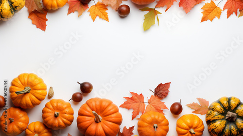 Autumn composition. Pumpkins, candles, dried leaves on white background. Autumn, fall, halloween concept. Flat lay, top view, copy space.