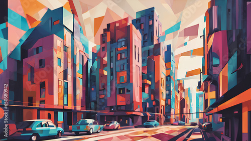 Image of a panorama of city streets in a abstract style. Wallapaper illustration. AI generation
