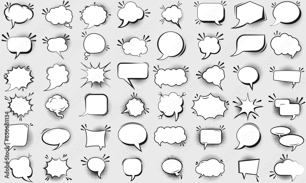 Blank comic bubbles and elements with black shadows in pop art style. Comic speech. Abstract creative vector collection white blank bubble comic text. Dialog window. Blank white banner for sale. - obrazy, fototapety, plakaty 