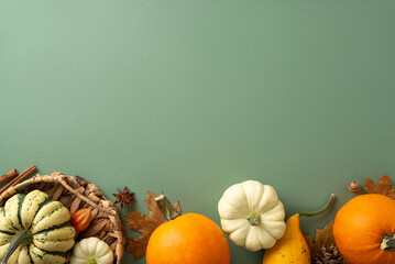 Transport yourself to the autumn harvest ambiance with this top-down capture. Ripe pumpkins and quintessential fall elements showcased against dark green isolated backdrop, inviting text or ads