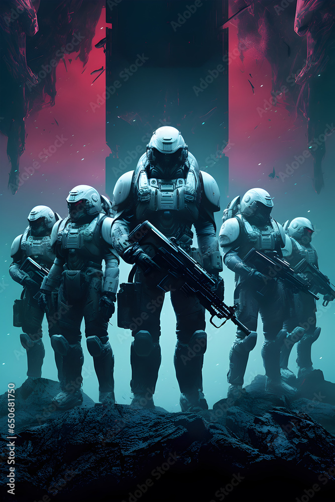 Fototapeta premium Futuristic space heroes game poster, Generative AI illustrations