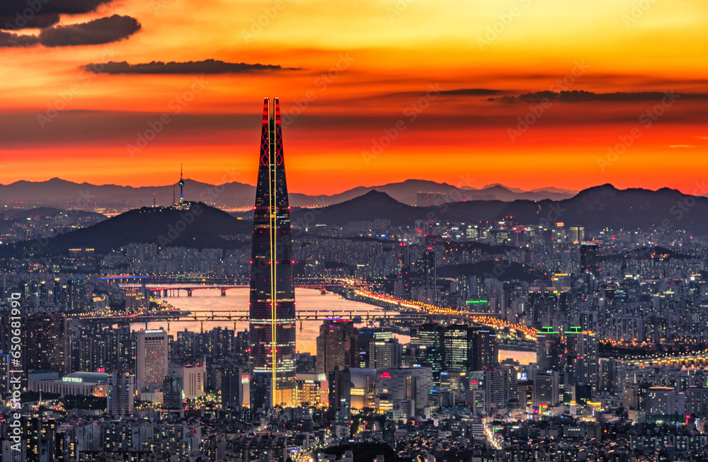 view of the city at sunset, Seoul , South Korea.