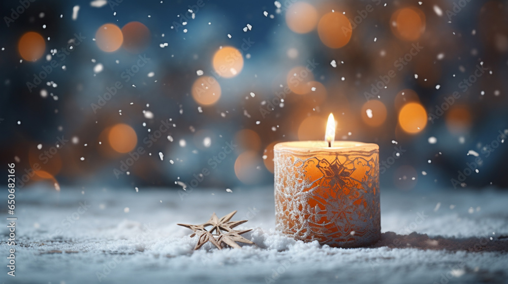 Advent. Candle With Christmas Ornament In Shiny Night - obrazy, fototapety, plakaty 