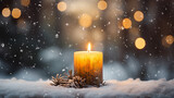 Christmas card with glowing small candle, dark toned image