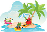 Cute summer fruits cartoon, watermelon, pineapple, and coconut playing on the beach