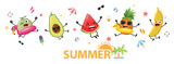Cute summer fruits cartoon characters banner, watermelon, pineapple, banana, avocado and cantaloupe