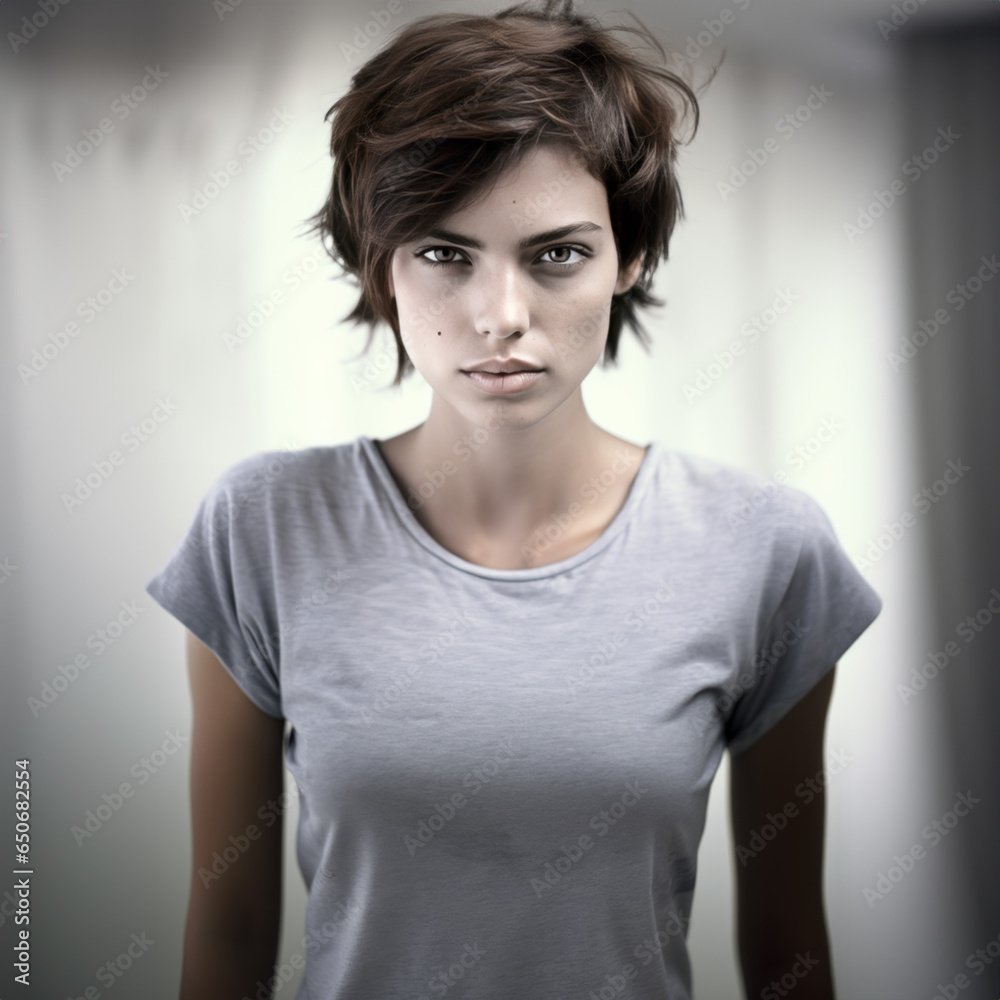 portrait studio fond clair d'une jeune femme de face au regard puissant et dur portrait studio fond clair d'une jeune femme de face au regard puissant et dur