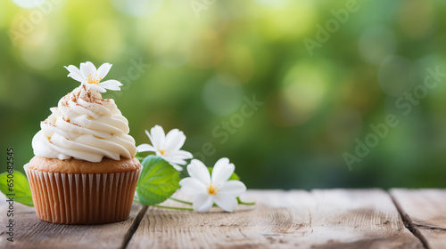 Spring cupcakes with cherryblossoms cream with blossomes photo