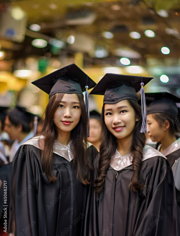 Obraz premium Carefree high school graduate with friends in cap and gown with happy face and smile, closeup portrait of happy asian students in graduation dresses taking photo together pose at university campus,