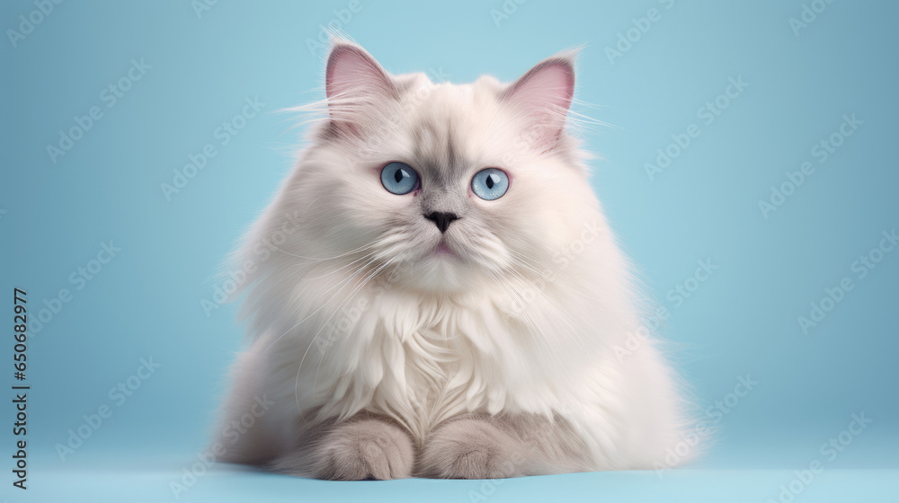 Fancy Ragdoll, advertising photography, Pastel color palette background Fancy Ragdoll, advertising photography, Pastel color palette background