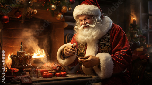 Surprised Santa Claus in a beautiful room next to the fireplace and Christmas tree sits with a sack of gift.