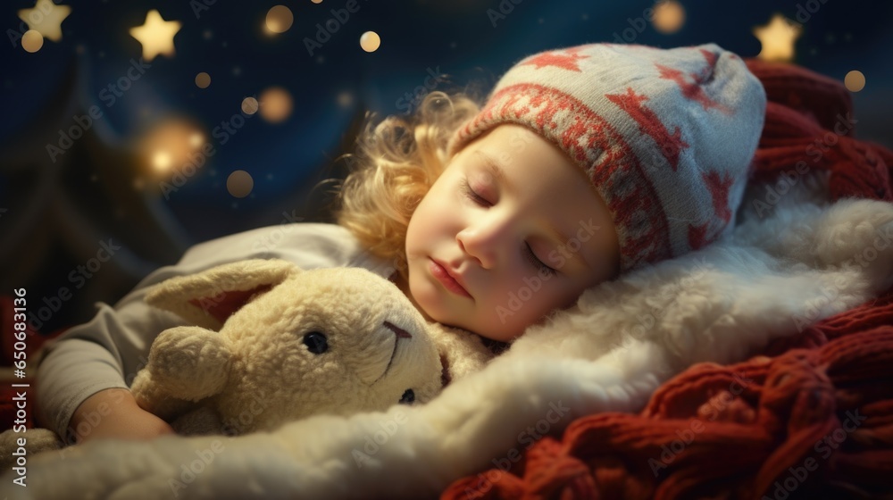 Fototapeta premium A little girl sleeping with a stuffed animal