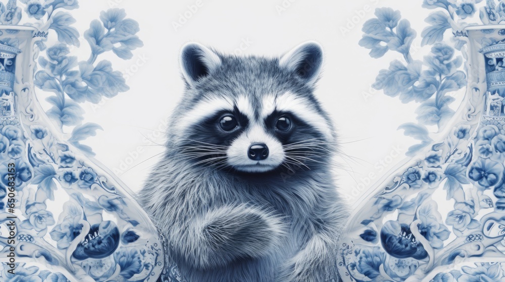 A raccoon standing in front of a blue and white vase