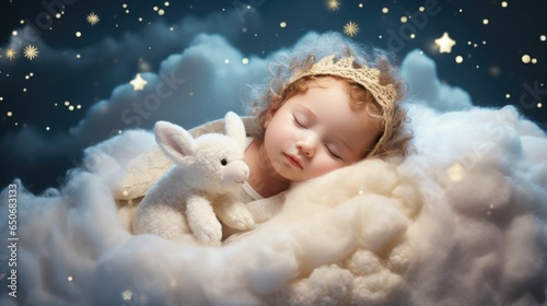 A baby sleeping on a cloud with a stuffed animal