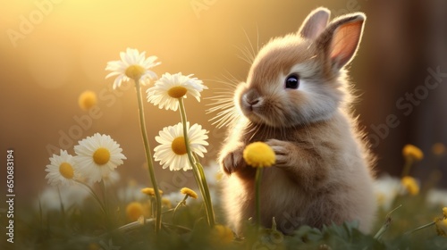 A small rabbit sitting in a field of flowers