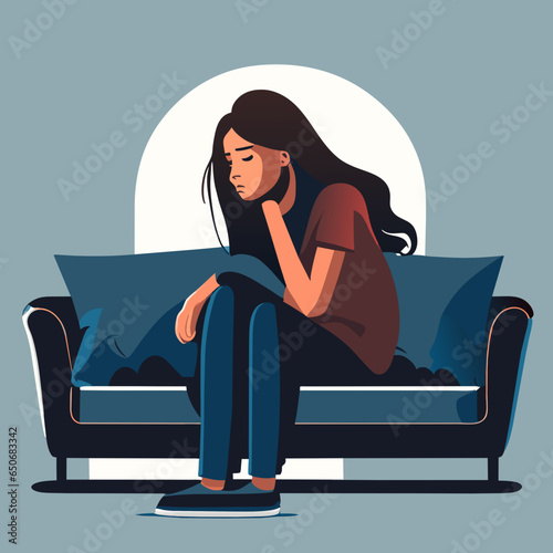 Sad Woman Sitting On Sofa