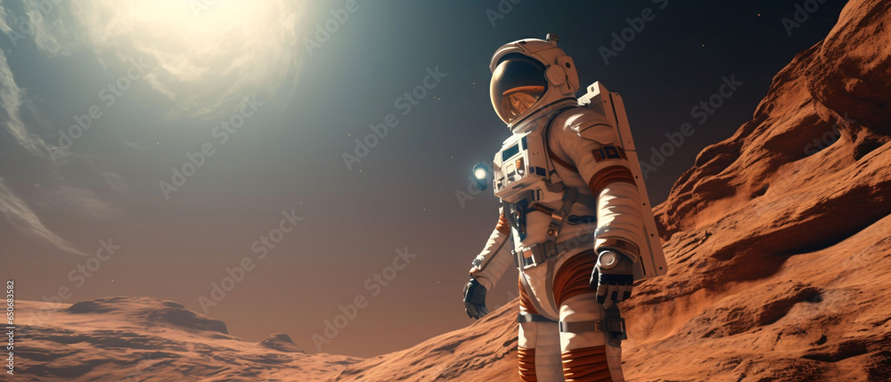 Astronaut doing space walk. Mars exploration on solar system in outer space. science and technology concept - obrazy, fototapety, plakaty 