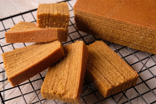 Lapis legit spekuk is a type of traditional wet cake from Indonesia. This cake was first developed during the Dutch colonial period in Indonesia, inspired by European layer cakes. photo