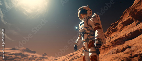 Astronaut doing space walk. Mars exploration on solar system in outer space. science and technology concept