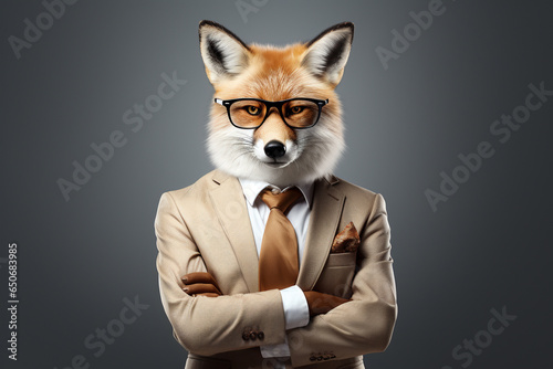 fox in businessman suit and tie on white background. Business concept