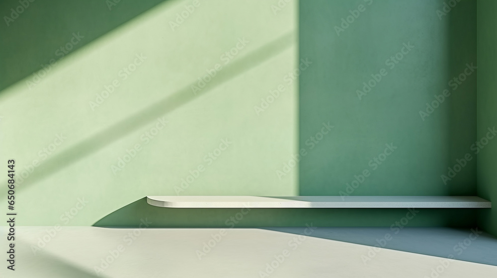 Green empty wall with shadows and light. Minimal abstract background for product presentation Green empty wall with shadows and light. Minimal abstract background for product presentation