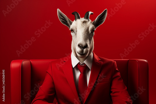 Businessman portrait of goat in suit and tie on isolated red background