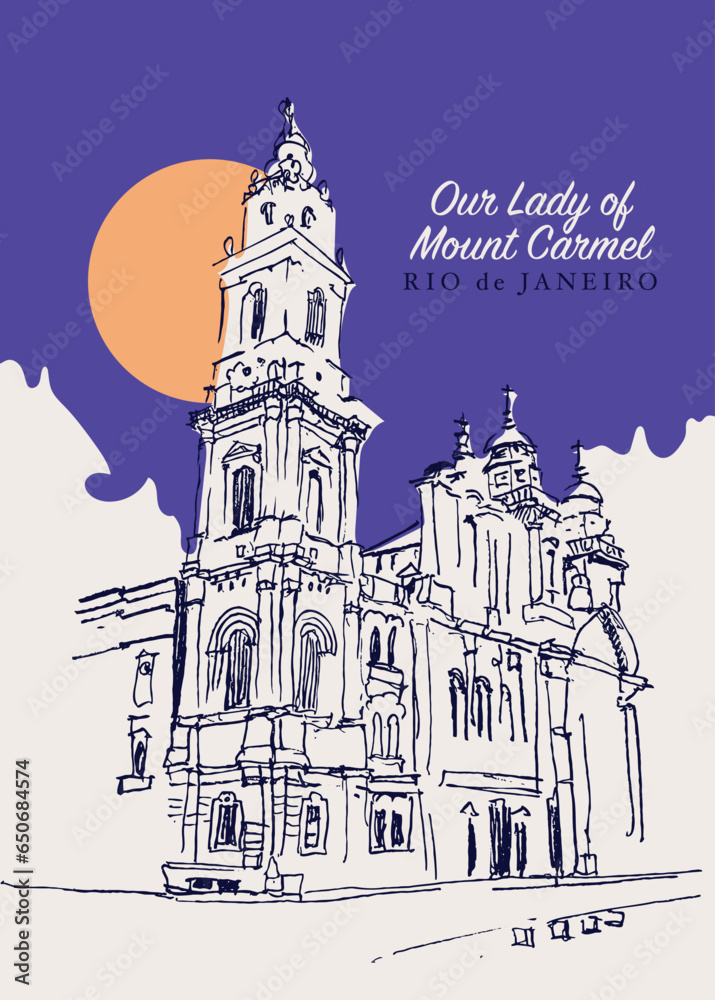 Fototapeta premium Drawing sketch illustration of The Our Lady of Mount Carmel cathedral in Rio de Janeiro