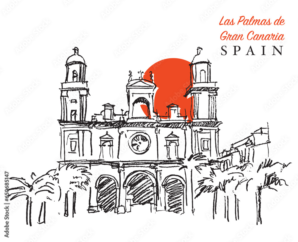 Drawing sketch illustration of the Cathedral of Santa Ana in Las Palmas, Gran Canaria, Spain