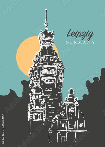 Drawing sketch illustration of the New Town Hall in Leipzig, Germany
