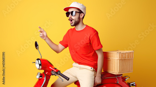 delivery man on scooter isolated on yellow background  photo