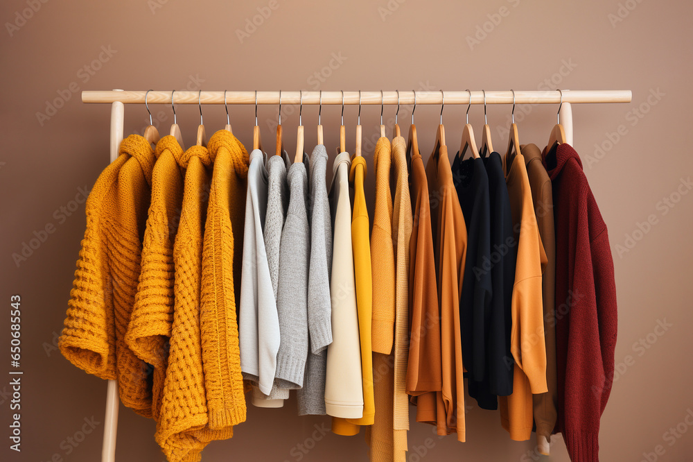 Many autumn clothes hanging in row Many autumn clothes hanging in row